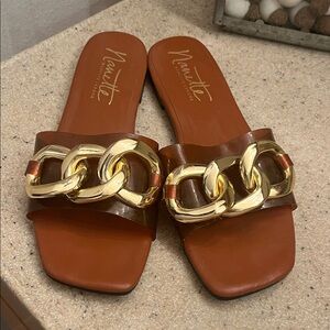 Nanette Lepore Cognac Sandals with Gold Chain Detail